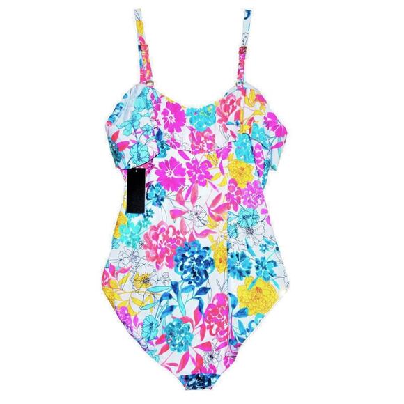 New Kenneth Cole Women's Plus Cold Shoulder Ruffle Floral One-Piece Swimsuit - Picture 3 of 9